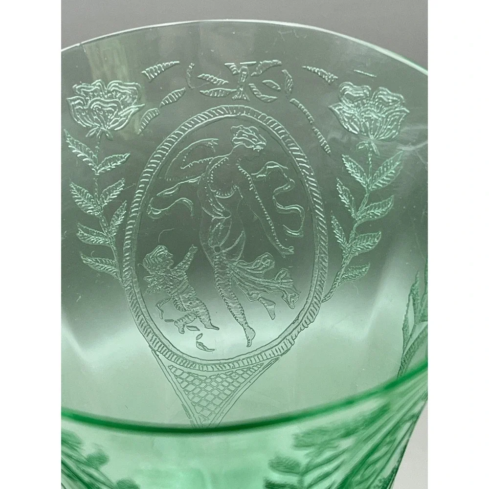 European‎ Uranium Hock Wine Goblets Etched Classic Lady Putto Green Set As Is